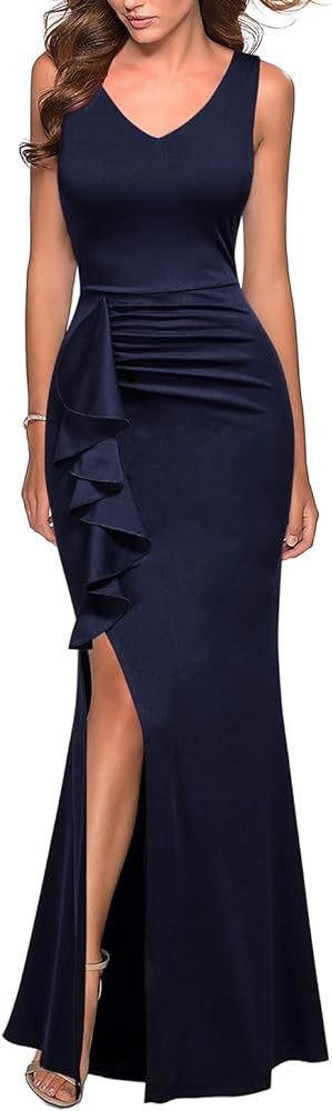 FORTRIC Women Sleeveless Ruffle Slit Evening Party Formal Bridesmaid Dresses | Amazon (US)