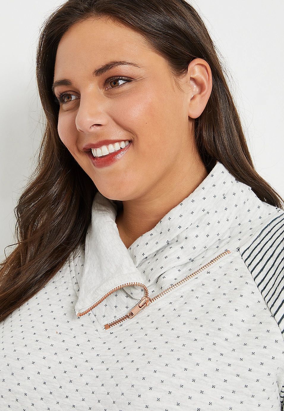 Plus Size Oatmeal Striped Sleeve Asymmetric Cowl Neck Sweatshirt | Maurices