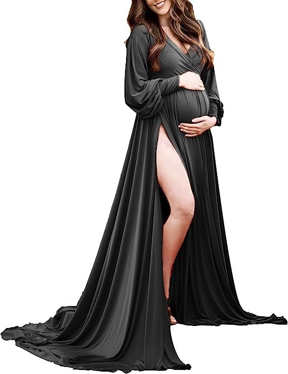 ChoiyuBella Maternity Gown Bishop Sleeves Baby Shower Dress Wrap Side Slit Sweetheart Maxi Photo ... | Amazon (US)
