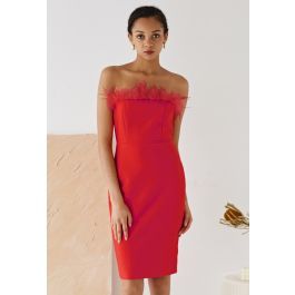 Feather Trim Bodycon Tube Cocktail Dress in Red | Chicwish