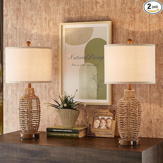 YIMNOVP Rattan Table Lamps Set of 2 Wicker Lamps 3 Way Dimmable Touch Control Farmhouse Rustic Co... | Amazon (US)