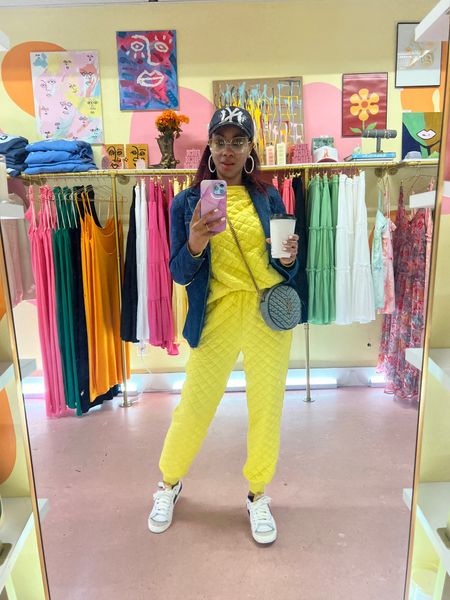 This yellow sweatsuit is so good from #Anthropologie and is 50% off sale! The #Gap blazer and #Nikes are on sale too! Perfect spring look for cooler days. 

#LTKstyletip #LTKover40 #LTKfindsunder50