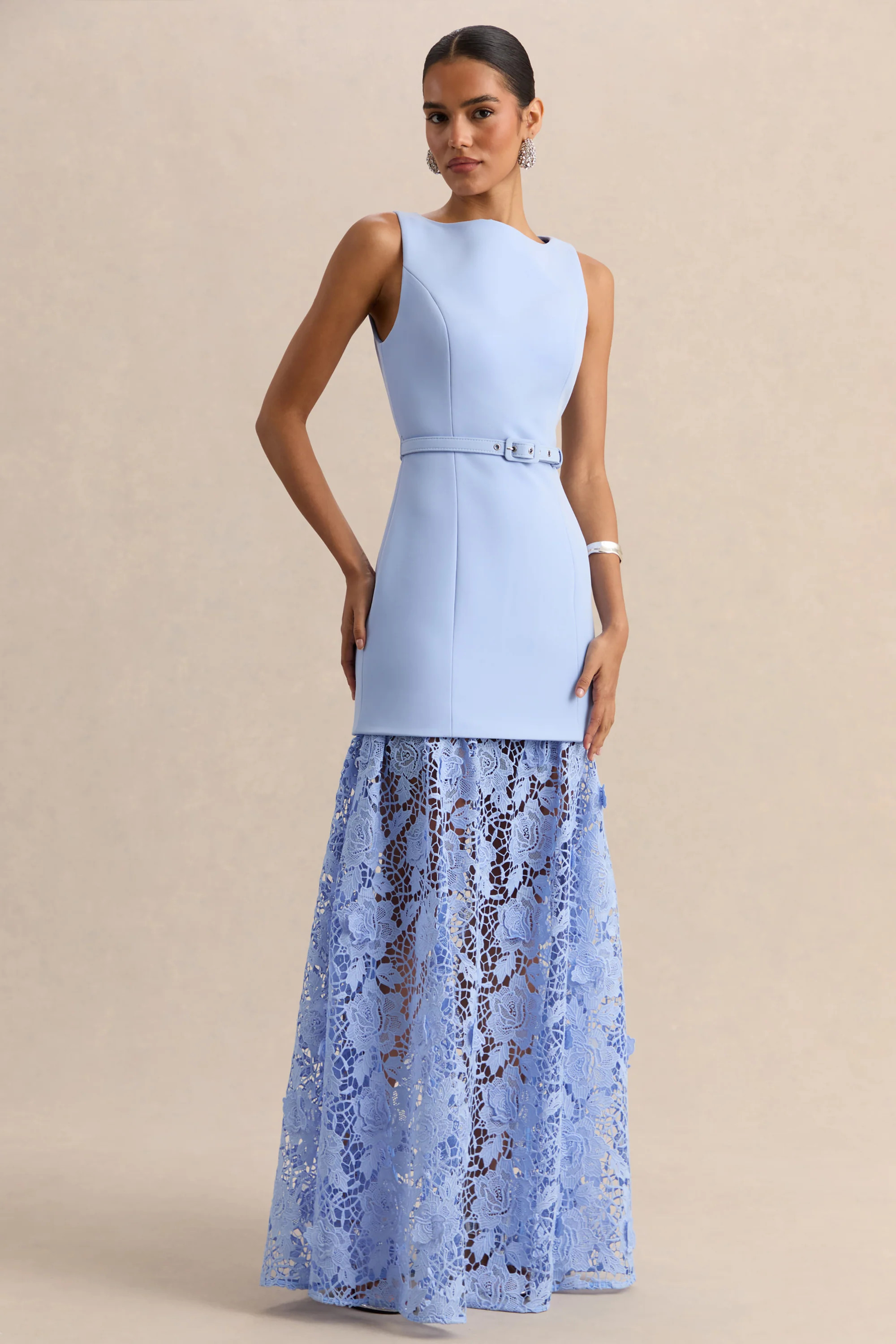 Verena | Powder Blue Boat-Neck Belted Maxi Dress With Lace Skirt | Club L London