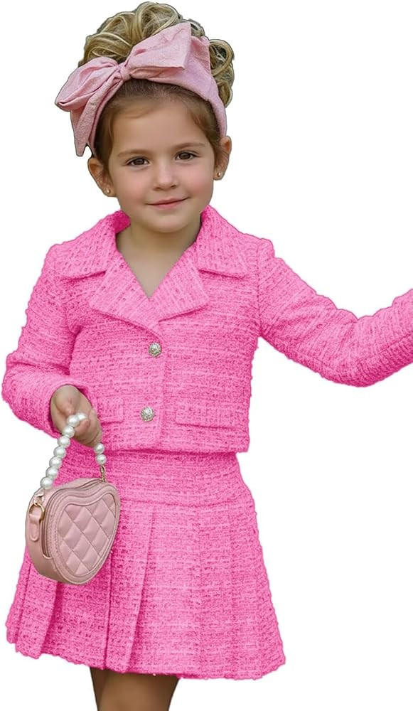 Girls 2 Piece Outfits Tweed Button Down Long Sleeve Jacket and High Waisted Mini Skirt Set | Amazon (US)