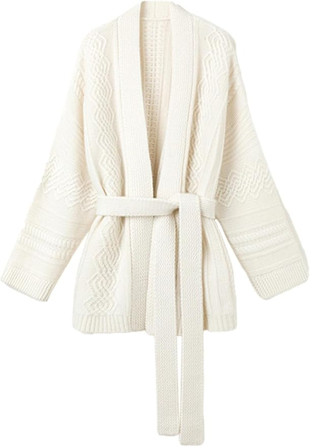 Mid-Length Wool Blend Open Cardigan Long Sleeve Cable Knitted Sweater for Women | Amazon (US)