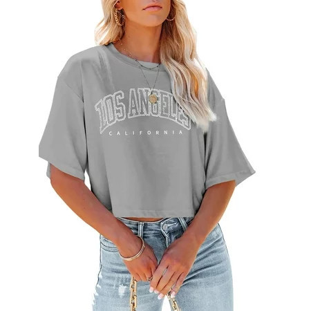 Saodimallsu Womens Los Angeles Letter Print Half Sleeve Cropped T Shirt Summer Crop Tees | Walmart (US)