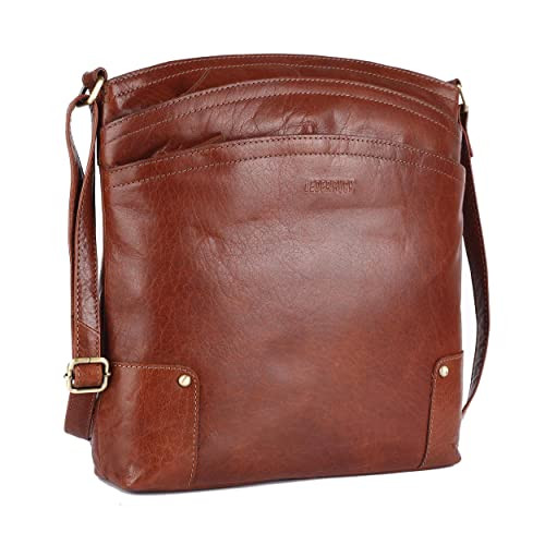LEDERBUCK Terry Large Soft Real Leather Crossbody handbag-Triple Zip Premium Sling Crossover Shoulder Bag for Women (Cognac) | Amazon (US)