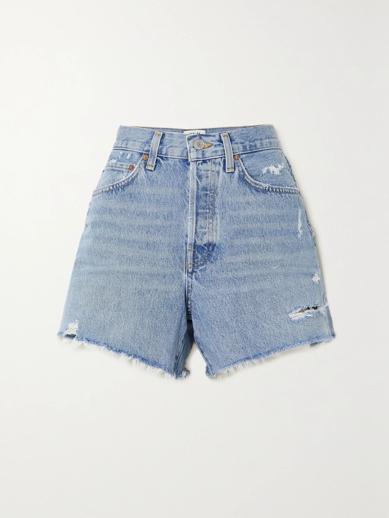 AGOLDE - Parker Long Distressed Organic Denim Shorts - Blue | NET-A-PORTER (US)