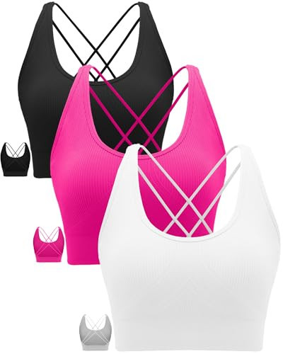 RUNNING GIRL 3Pack Women's Sports Bra Medium Support Sexy Crisscross Strappy Sports Bra with Removable Cups Padded Yoga Bra(3030 Black+White+Pink M) | Amazon (US)