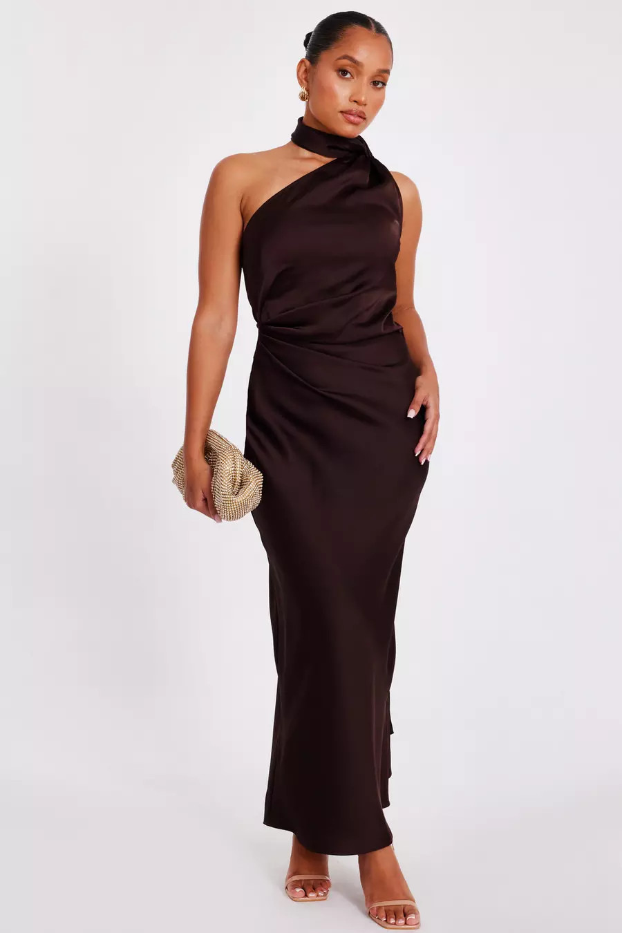 Petite Brown Satin Wrap Neck Maxi Dress | Quiz Clothing