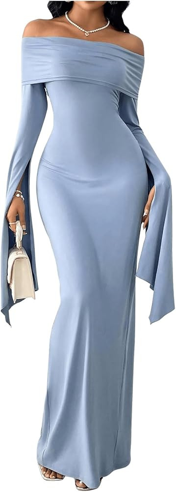 SOLY HUX Women's Maxi Dress Off Shoulder Long Sleeve Split Back Bodycon Long Dresses | Amazon (US)