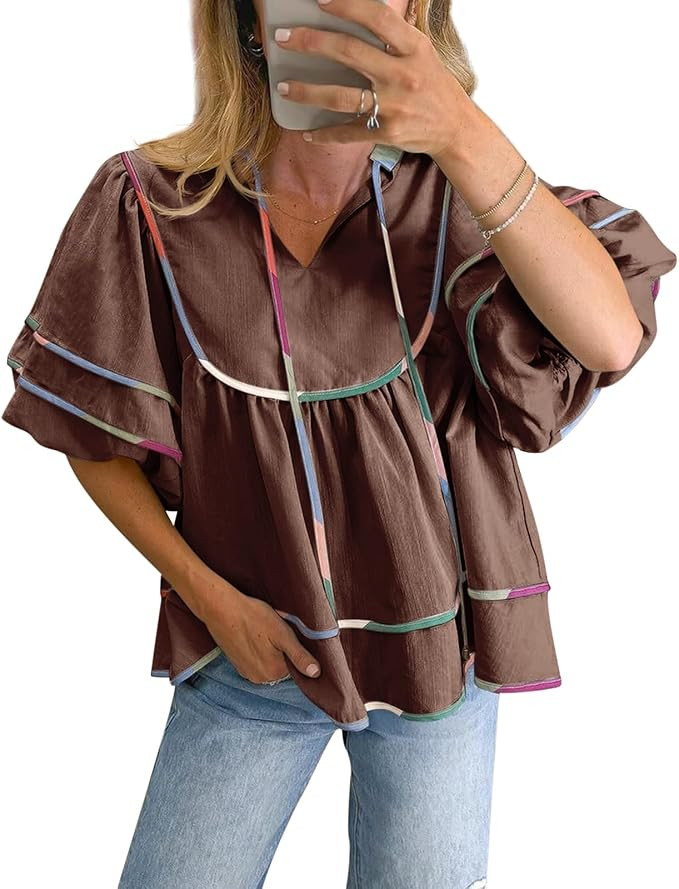 Cicy Bell Womens Summer Babydoll Tops V Neck Short Lantern Sleeve Shirts Cute Loose Fit Peplum Fl... | Amazon (US)