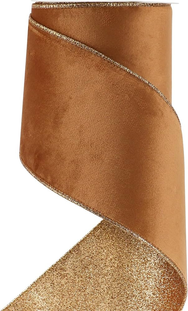 HUIHUANG Velvet Wired Ribbon 4 inch Copper Christmas Tree Ribbon Double-Sided Glitter Copper Wire... | Amazon (US)