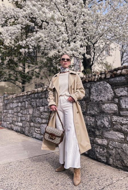 Trench coat spring outfit, silk scarf, white jeans, cropped denim, wide leg jeans, Gucci bag

#LTKitbag #LTKSeasonal #LTKfindsunder100