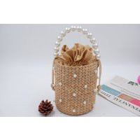 Pearl Straw Bags, Straw Woven Bucket Bag, Beaded Bridal Bag, Wrist Bucket Purse | Etsy (US)