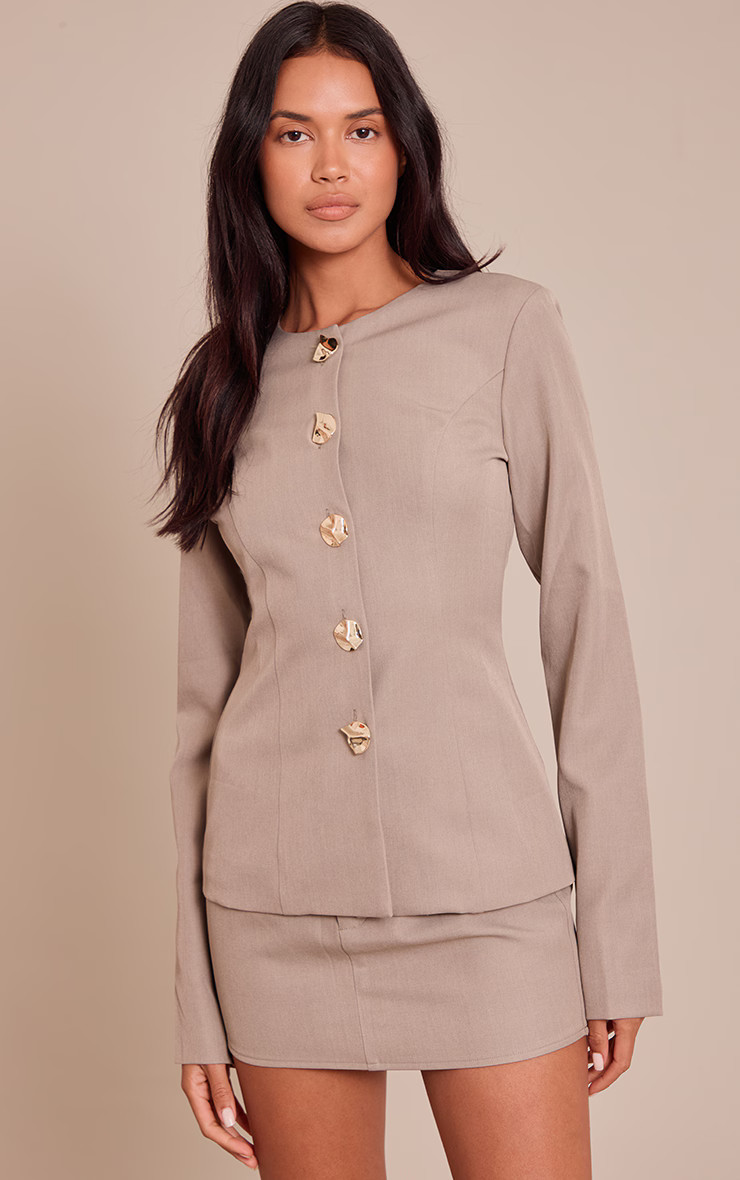 Taupe Gold Trim Cinched Waist Blazer | PrettyLittleThing UK