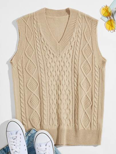 Men Cable Knit V-neck Sweater Vest | SHEIN
