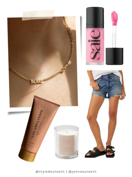 Currently loving | 
Name necklace (would make a great Mother’s Day gift) 
Tanning lotion (linked the brush applicator too) 
New fave candle and blush 
The best fitting denim shorts (runs TTS)

#LTKstyletip #LTKfindsunder100 #LTKfindsunder50
