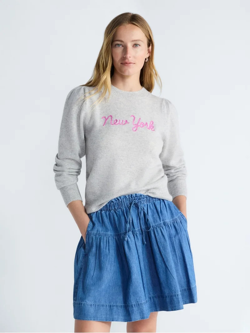 Free Assembly Women's and Women's Plus Embroidered Sweater with Long Puff Sleeves, Midweight, Siz... | Walmart (US)