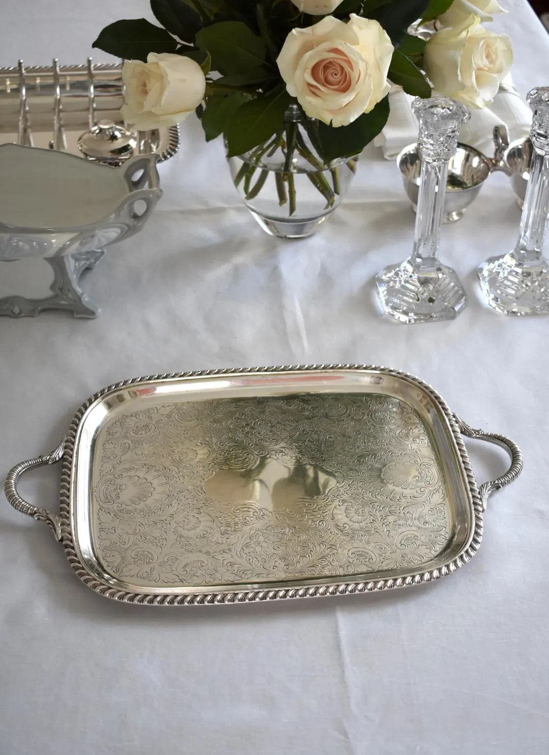 Sheffield Silver Plate Serving Tray - Rectangular with Handles - Rope Trim - 16" | Etsy (US)