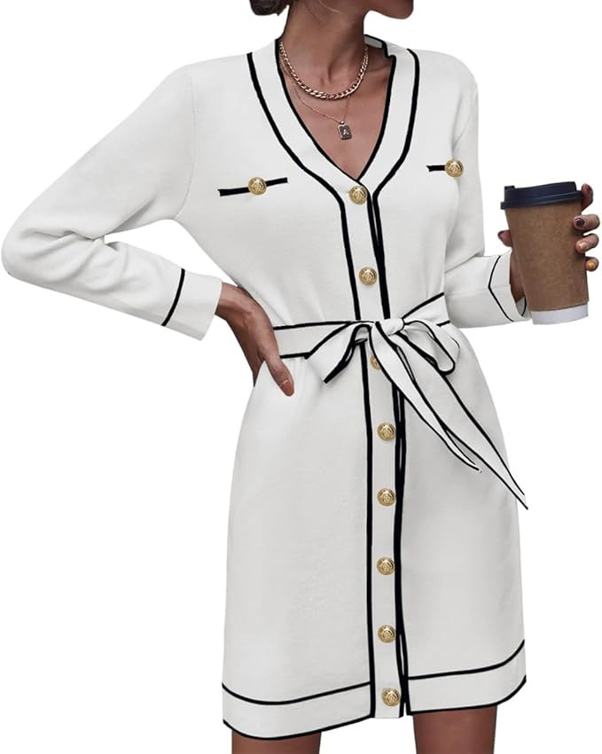 Pink Queen Women's Long Sleeve Button Down Sweater Dress Elegant V Neck Open Front Color Block Kn... | Amazon (US)