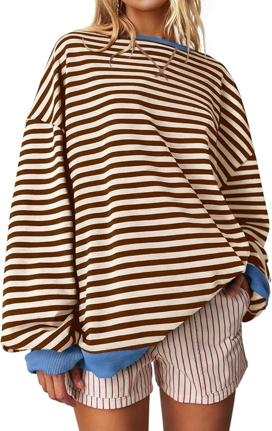 UEU Women Oversized Striped Crewneck Sweatshirt Long Sleeve Color Block Pullover Tops Casual Loos... | Amazon (US)