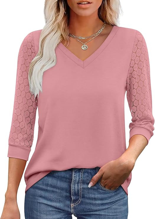 XIEERDUO 3/4 Length Sleeve Womens Tops V-Neck Lace Tunic Tops Business Casual Outfits Work Blouse... | Amazon (US)
