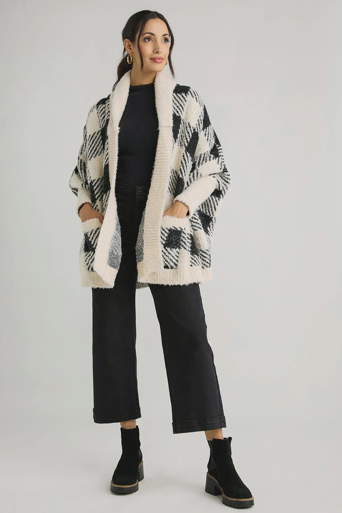 Look By M Checkered Teddy Cape Cardigan | Social Threads