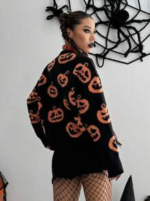 SHEIN MOOSTA Halloween Pumpkin Pattern Cardigan | SHEIN