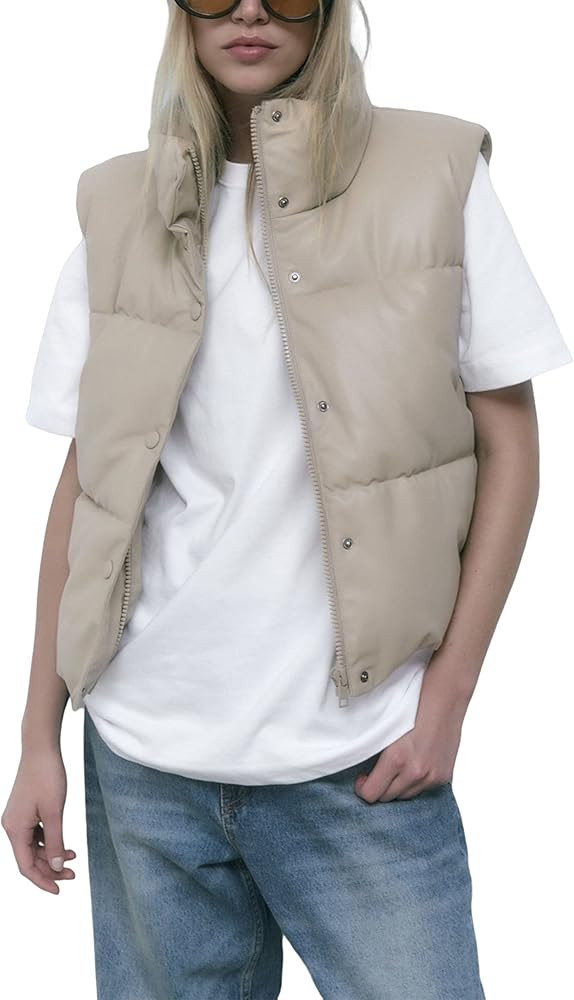Tanming Womens Faux Leather Puffer Vest Winter Lightweight Zip Up Stand Collar Padded Gilet | Amazon (US)