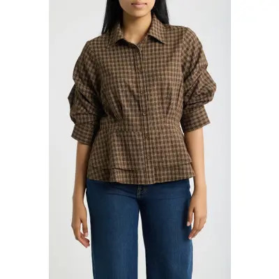 Wit & Wisdom Plaid Ruched Sleeve Peplum Shirt in Cold Brew Multi at Nordstrom, Size X-Large | Nordstrom