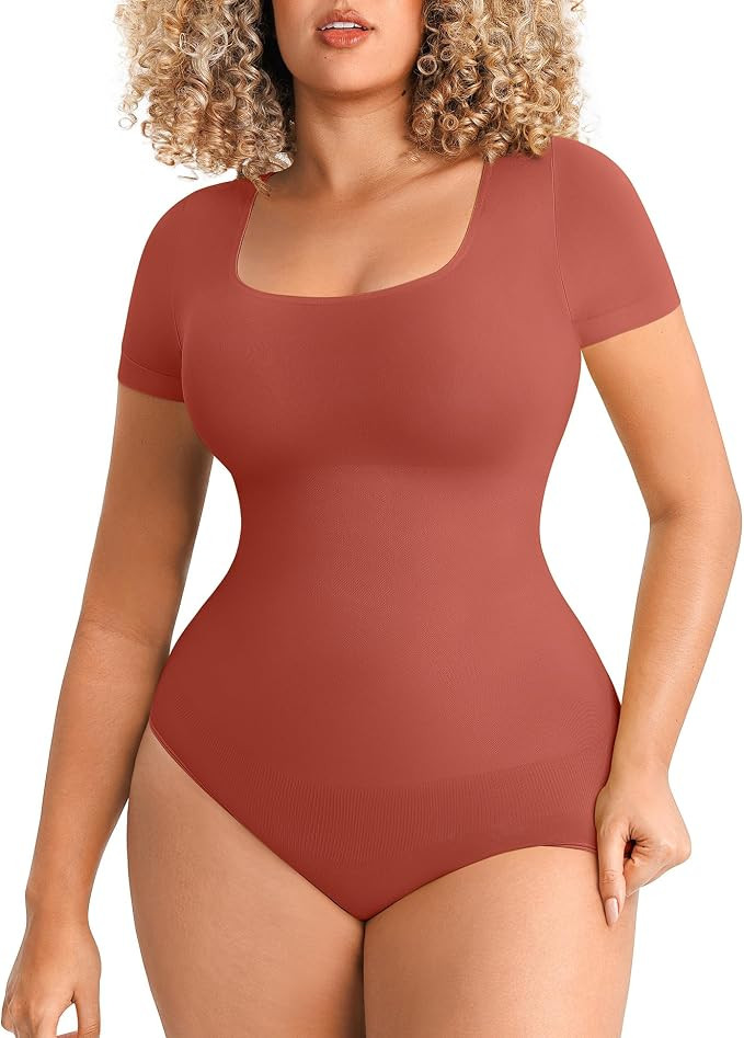 FeelinGirl Short Sleeve Bodysuit for Women Shapewear Light Compression Body Suit Seamless Square ... | Amazon (US)
