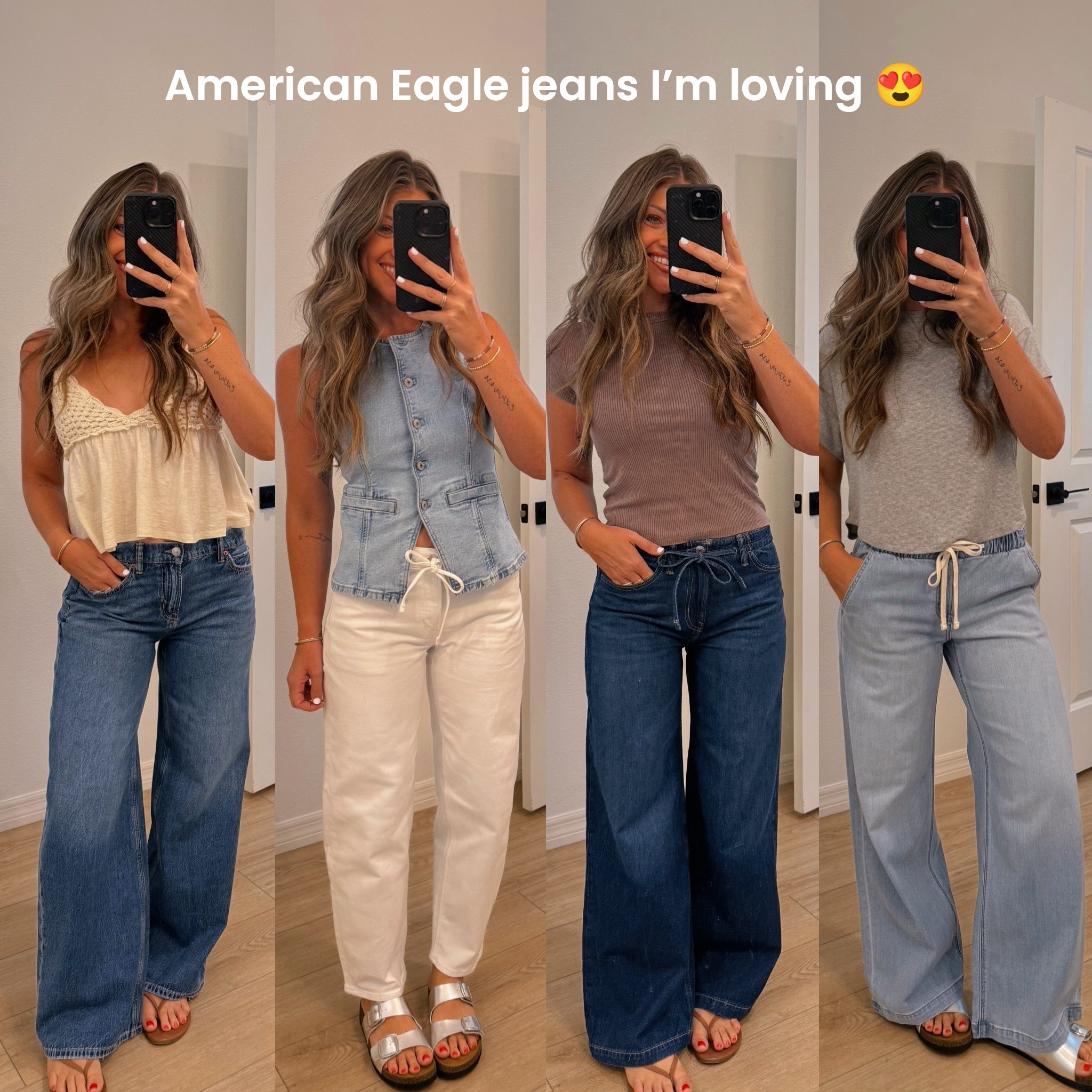 CUTEST freaking jeans from @americaneagle right now!! 🤩👖 For reference: I size down in AE jeans & recommend you size down! I’m just about 5’4, size 2 usually.. wearing reg length in all! Size 0 in all, XS in the light wash drawstring & 00 (down 2 sizes!) in the dark wash drawstring  If you want comfy jeans to pair with literally anything, these are it. 👏🏻 #AEJeans #AEPartner 