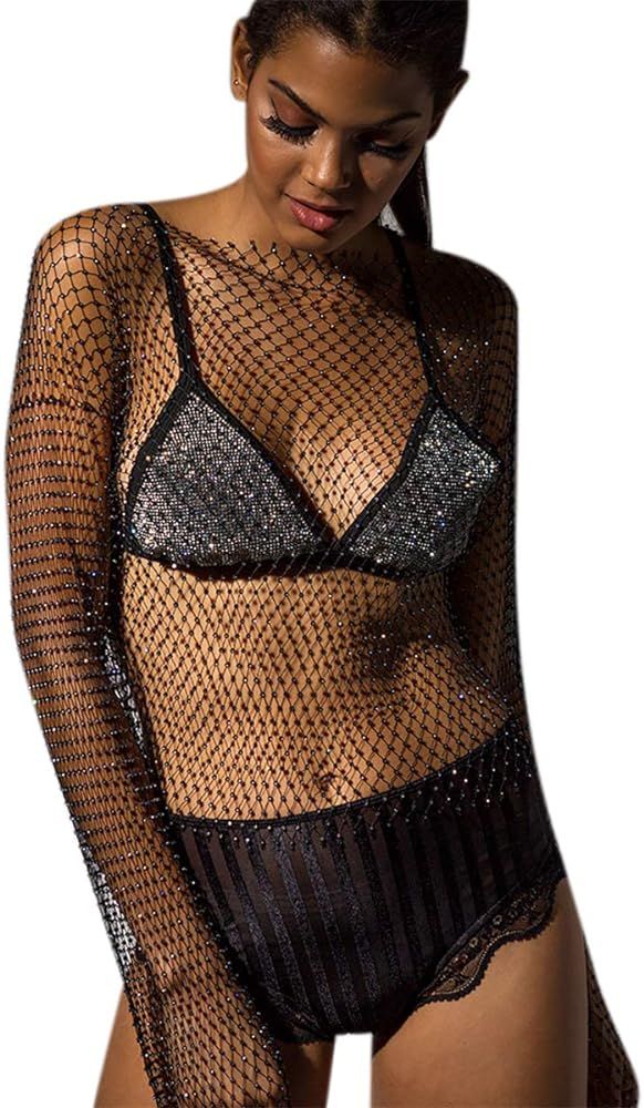 Women Sexy Mesh Tank Tops Diamond Hollow Out See Through Crop Tops for Festival Club Rave Outfit | Amazon (US)