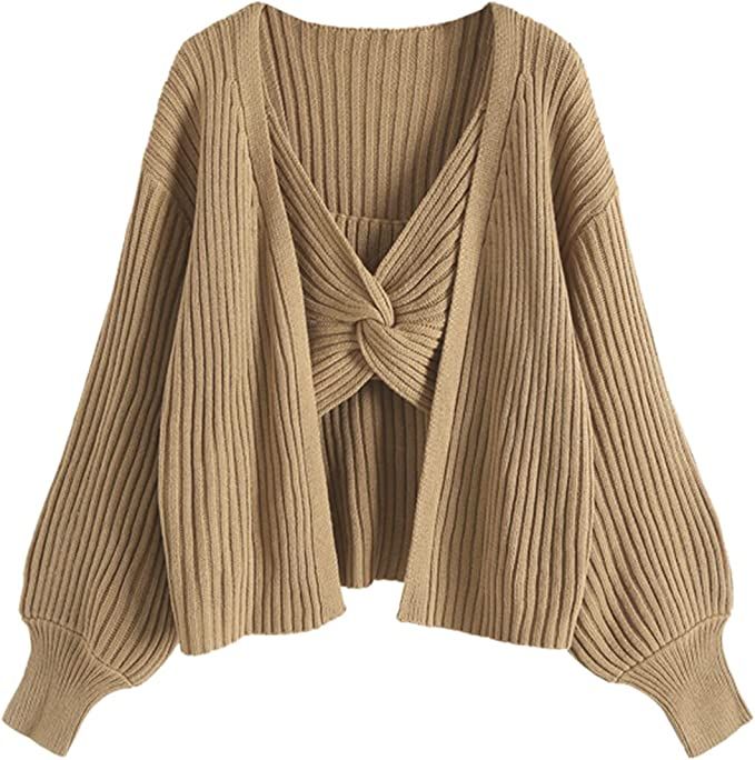 ZAFUL Women's Loose Long Sleeve Open Knit Cardigan Sweaters and Twisted Cami Top Set | Amazon (US)