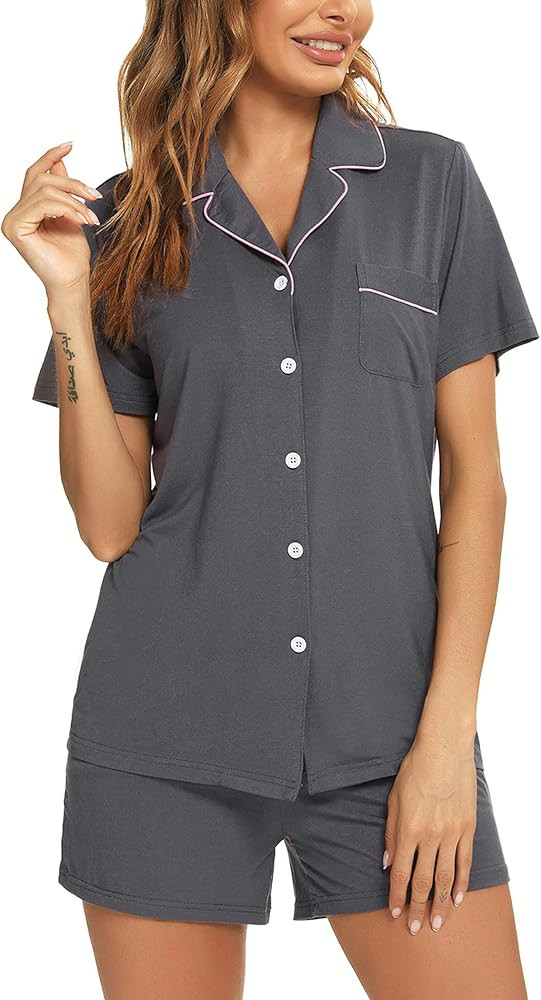 Womens Pajama Set Short Sleeve Button Down Pjs Soft 2 Piece Classic Sleepwear | Amazon (US)