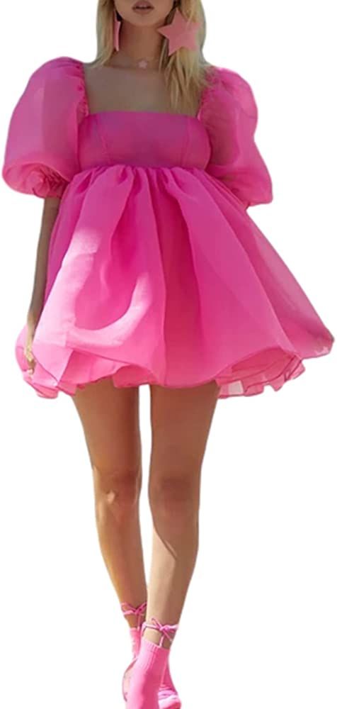 Women Puff Sleeve Dress Square Collar High Waist Ruffles Princess Dress Flowy Big Hem Babydoll Mi... | Amazon (US)