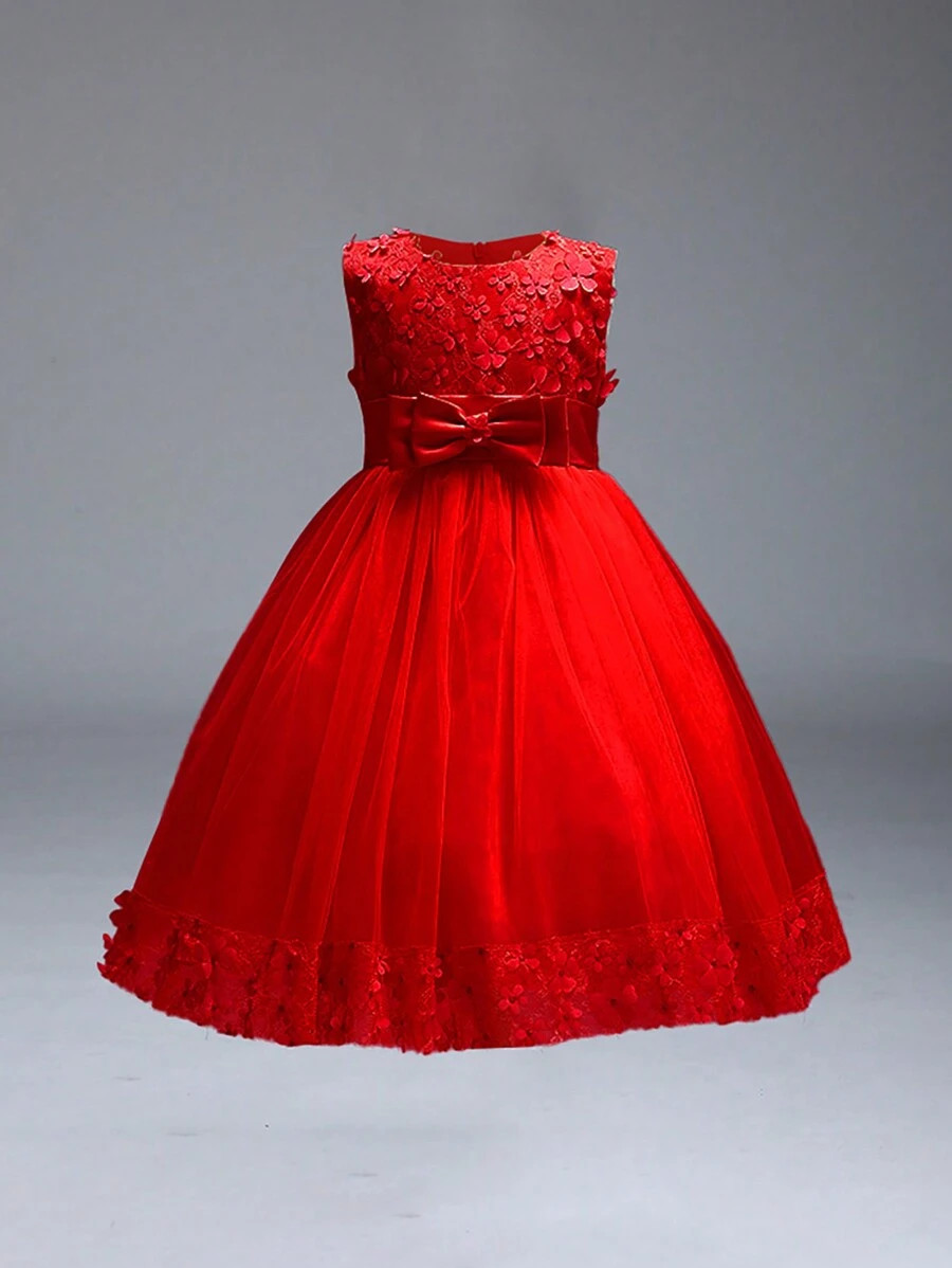 Young Girl's Elegant Solid Color Sleeveless Dress With Three-Dimensional Flowers Embellishment | SHEIN