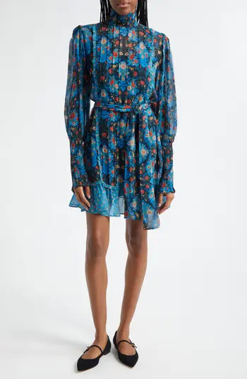 FARM Rio Blue Arabesque Floral Belted Turtleneck Minidress in Arabesque Floral Blue at Nordstrom Rack, Size Large | Nordstrom Rack