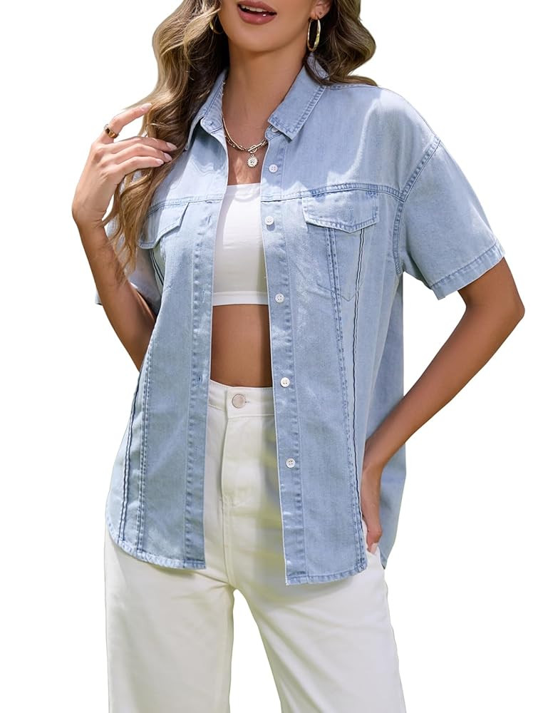 Women's Denim Shirt Casual Short Sleeve Button Down Chambray Blouse Summer Jean Shirt Tops | Amazon (US)