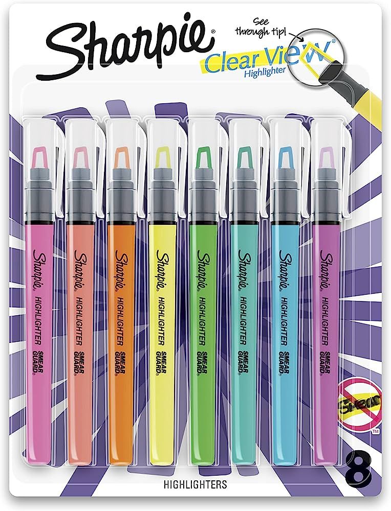 SHARPIE Clear View Highlighter Sticks, Chisel Tip, Assorted Fluorescent, 8 Count | Amazon (US)