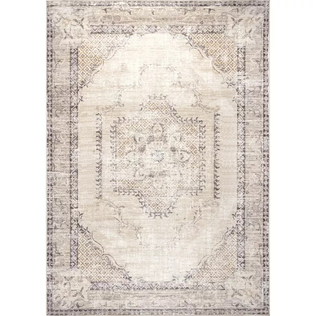 Glenda Machine Washable Faded Medallion Area Rug, 8' x 10', Light Grey | Target