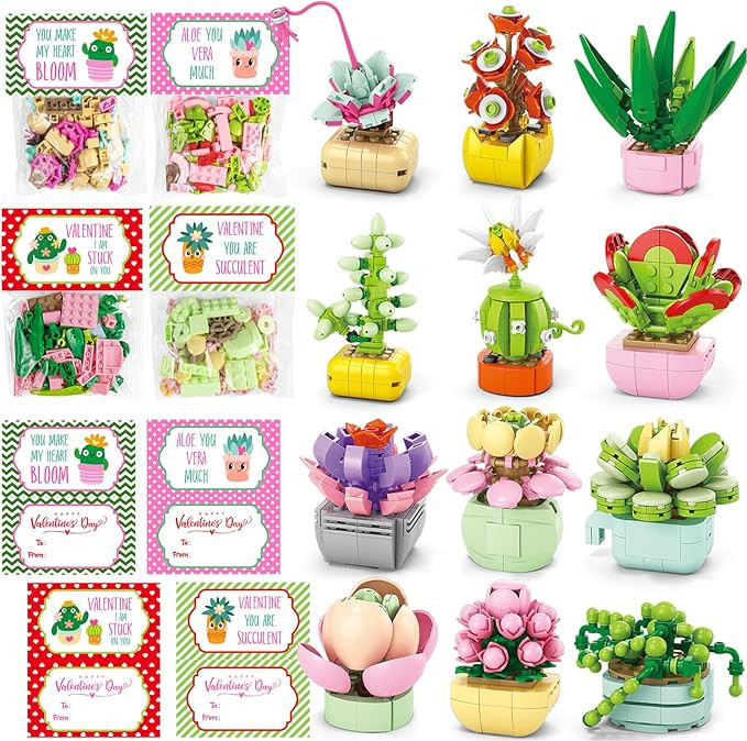 Valentines Day Gifts for Kids, 24 Packs Succulents Building Blocks with Valentines Day Cards for ... | Amazon (US)