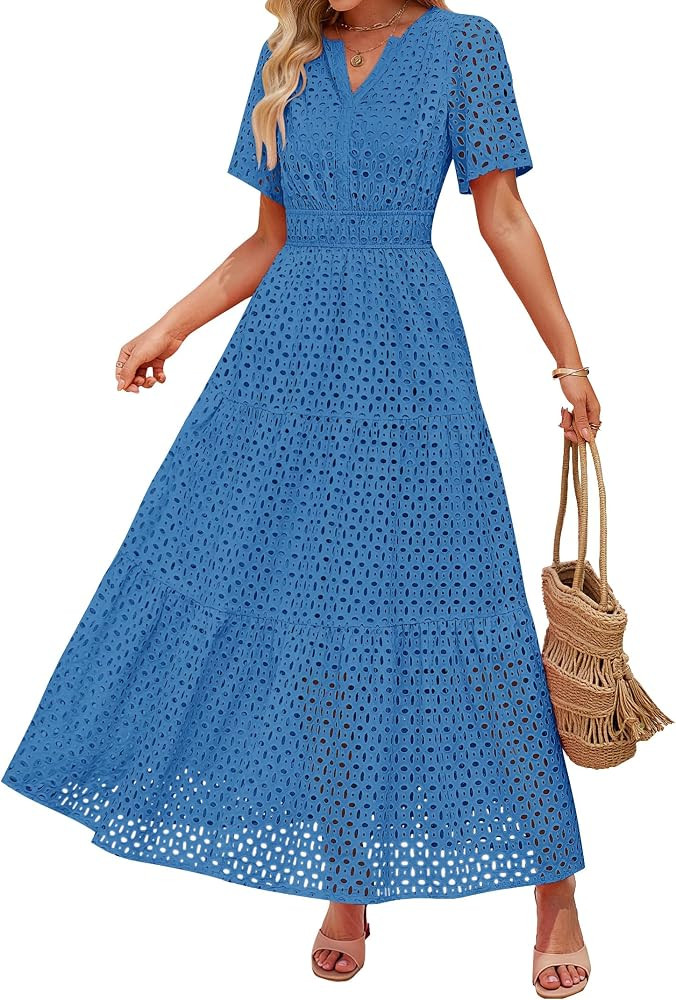 ZESICA Women's 2025 Summer Short Sleeve Maxi Dress Casual V Neck Hollow Out Eyelet Ruffle Swing A... | Amazon (US)