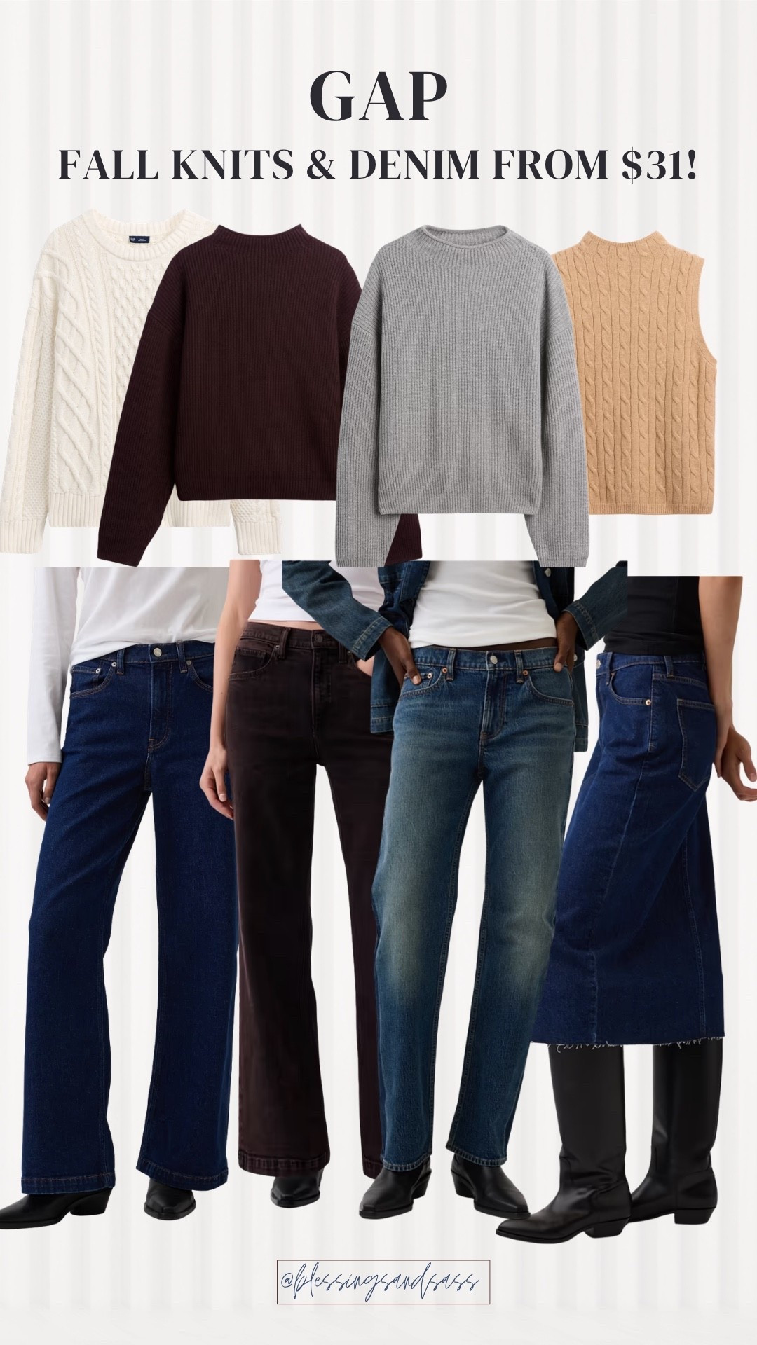 Cozy knits and denim for fall! 🤎 Love these GAP finds starting at $31. Pair a cable knit sweater with wide leg jeans and boots for an easy everyday look, or layer the sweater vest over a button-down for a little something extra!

GAP fall finds, cable knit sweater, burgundy sweater, gray sweater, sweater vest, wide leg jeans, straight leg denim, denim midi skirt, fall basics, casual fall outfit ideas

#LTKSeasonal #LTKStyleTip #LTKootd