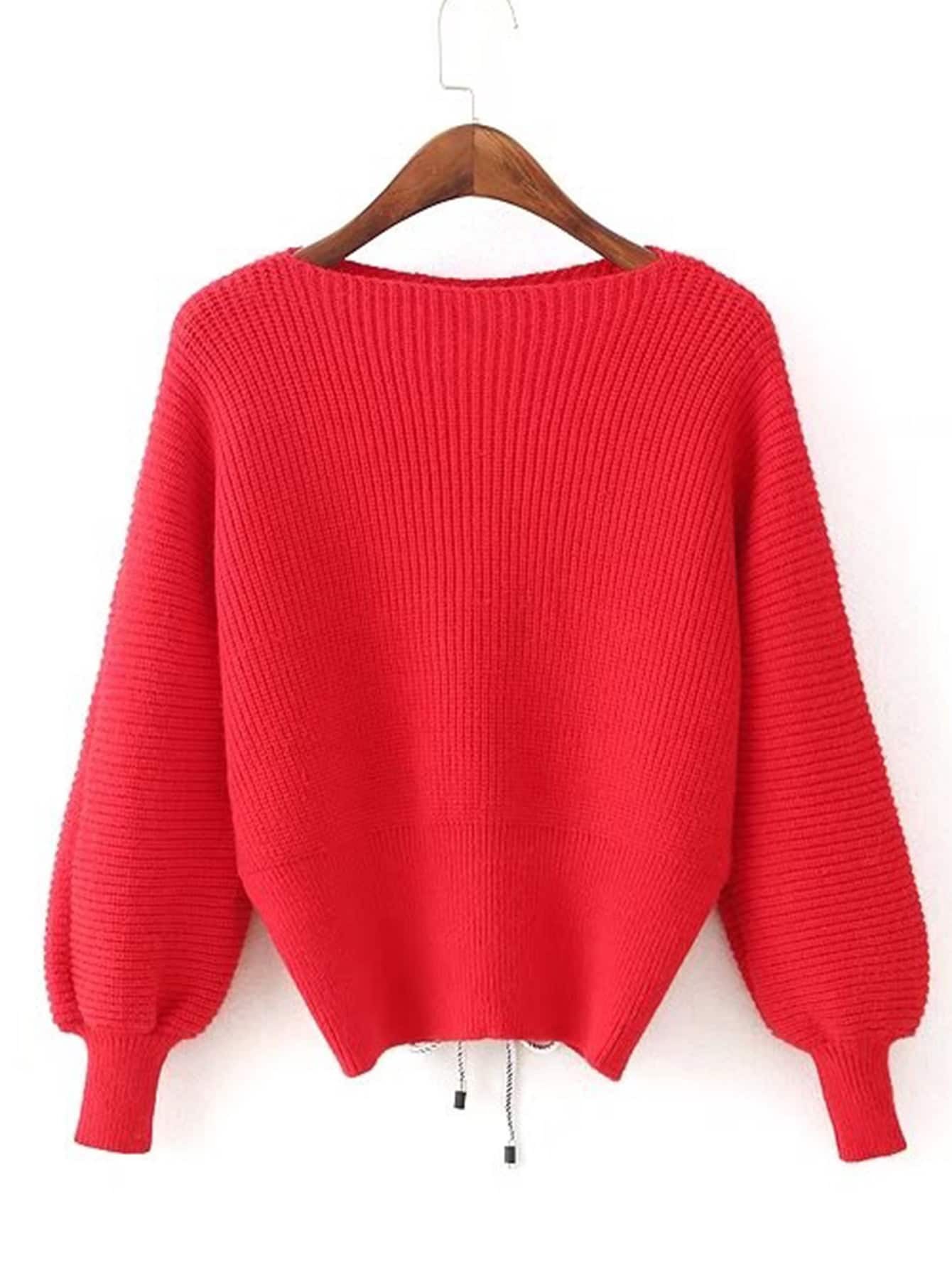 Lace Up Back Lantern Sleeve Sweater | SHEIN