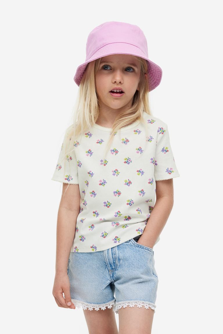 Picot-trimmed Ribbed Top - White/floral - Kids | H&M US | H&M (US + CA)