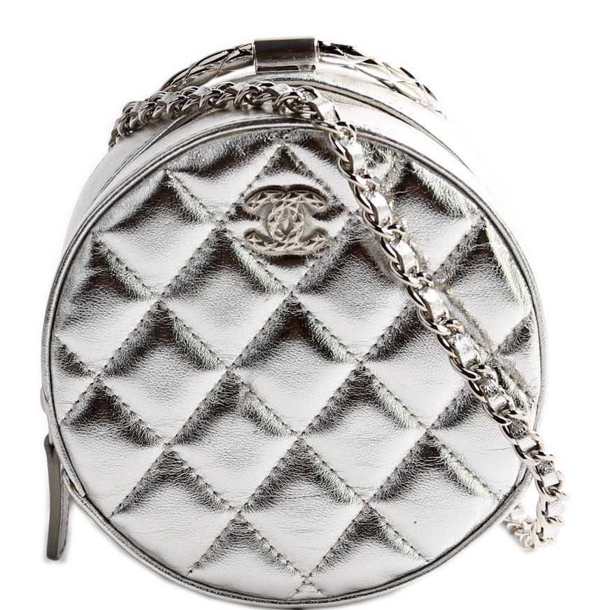 Metallic Quilted Round Bracelet Clutch With Chain Silver | Keeks Designer Handbags