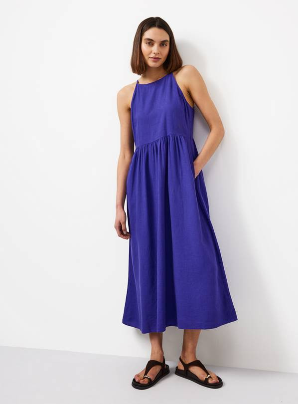 Blue Linen Blend Linen Waisted Dress 24 | Tu Clothing