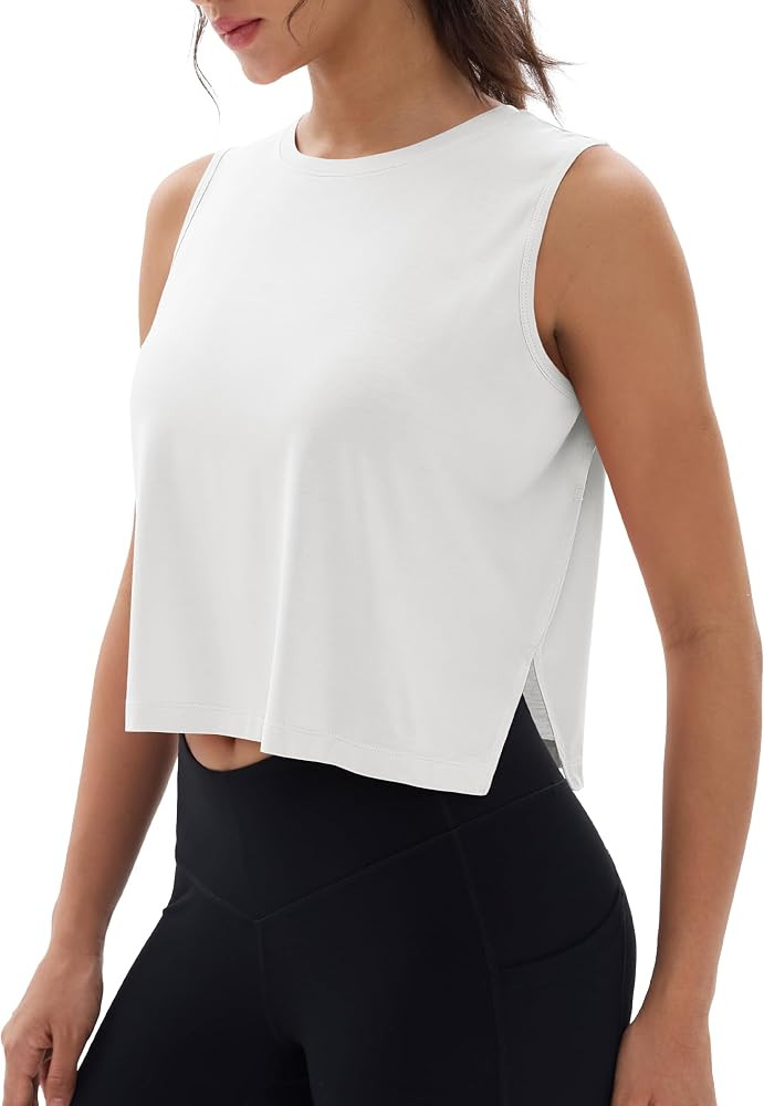 MAGCOMSEN Women's Crop Tank Tops Workout Sleeveless Shirts Loose Fit Gym Yoga Top with Side Slits | Amazon (US)